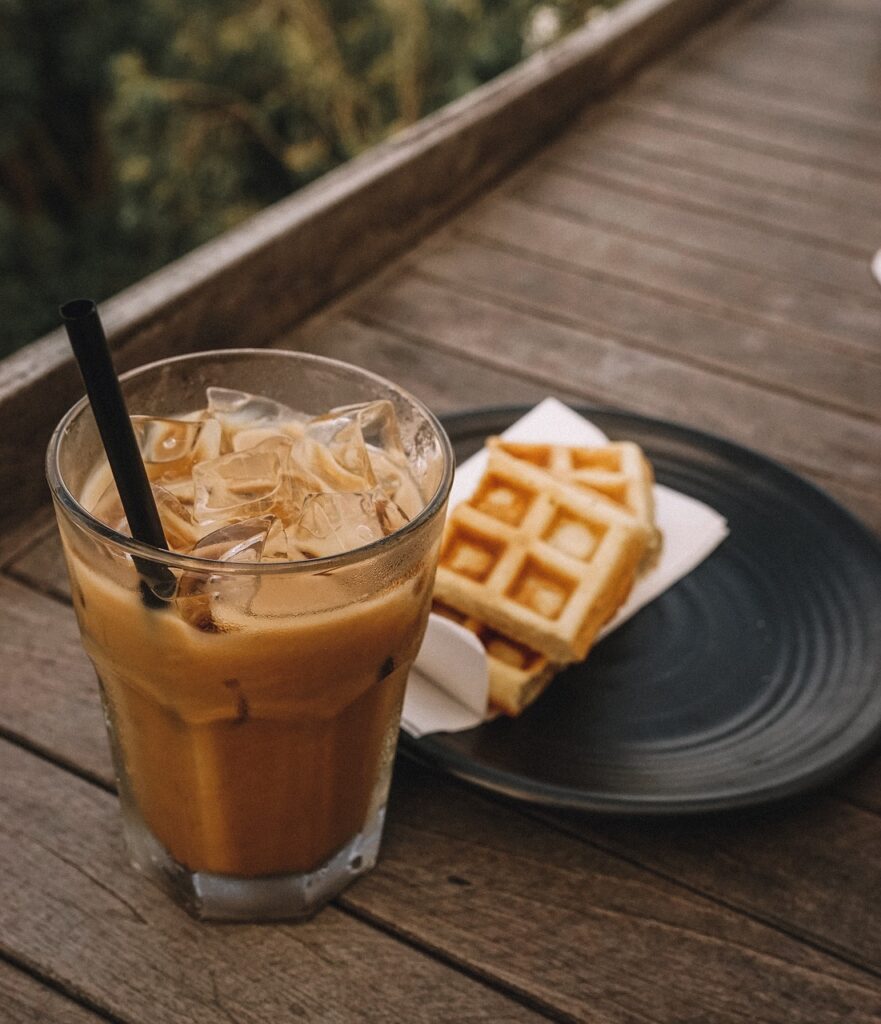 coffee, english coffee, milk coffee with ice, coffeetime, breakfast, food, beverage, vietnam, ice coffee with milk, cake, waffle